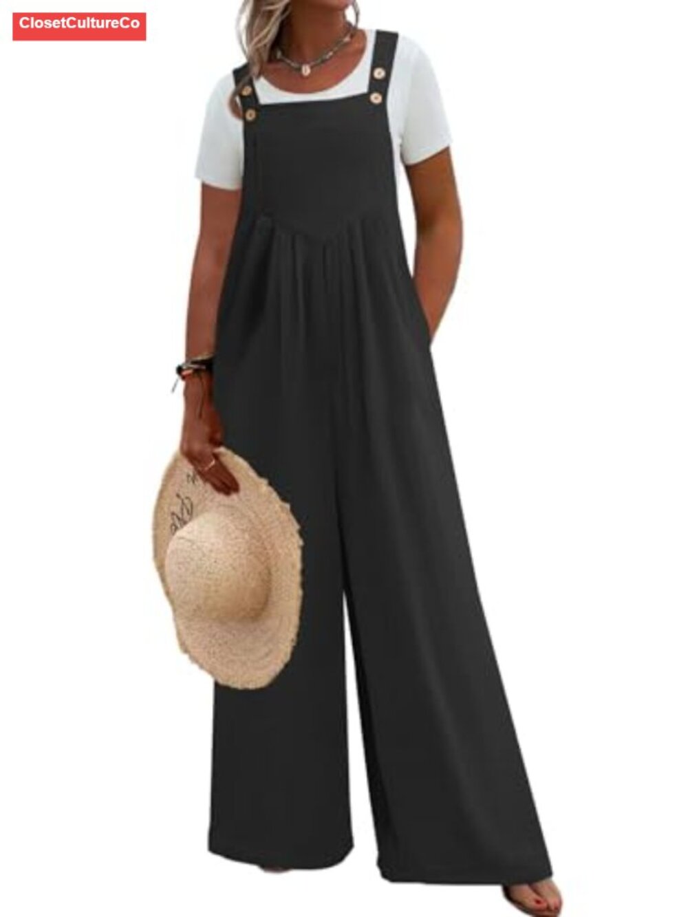 Plus Size Wide Leg Jumpsuit Adjustable Strap Pockets